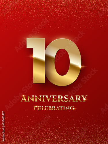 10 years anniversary celebrating design with golden color isolated on red background. Vector design illustrating.
