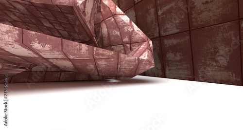 Empty abstract room interior of sheets rusted metal. Architectural background. 3D illustration and rendering