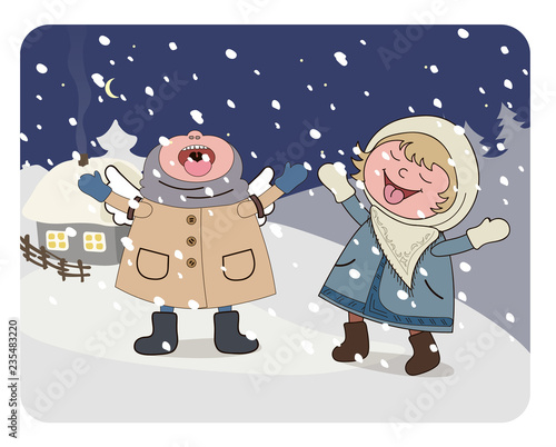 First snow! Vector illustration. Cute girls catching snowflakes with their tongue.