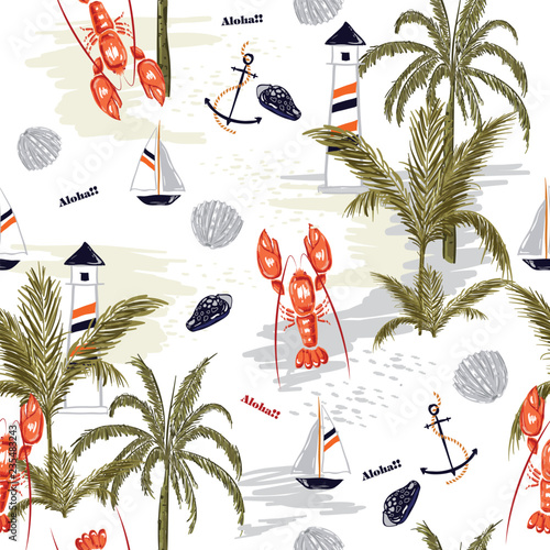 Seamless pattern summer tropical island of mediterranean with lobster shell ,lemon,anchor
