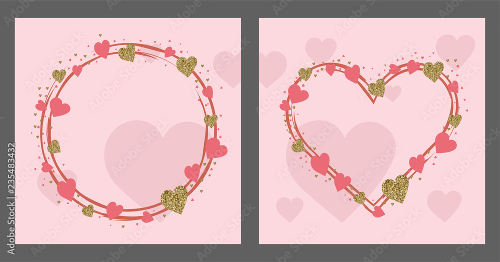 Valentine's day greeting card template. Gold and pink colors. Glitter frame. Hand drawn heart. Design for wedding. February 14 Valentine's day greeting card template. Gold and pink colors. Glitter frame. Hand drawn heart. Design for wedding. February 14