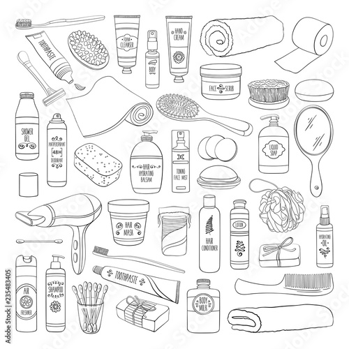 Hygiene doodle set of bathroom equipment, cosmetics and tools