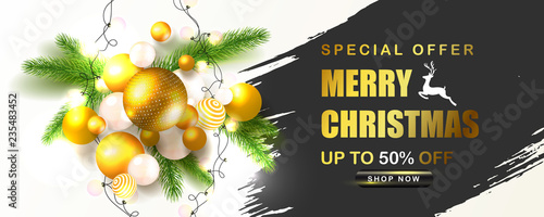 Merry Christmas Sale poster with abstract volumetric balls,Christmas tree branches and luminous garlands . Vector illustration. Design for invitation, banners, ads, coupons, promotional material