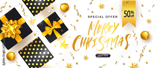 Merry Christmas Sale poster with gift boxes,Christmas balls and shiny serpentine . Vector illustration. Design for invitation, banners, ads, coupons, promotional material.