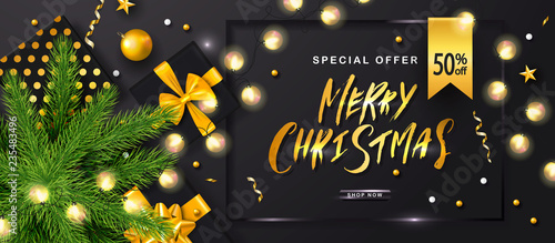 Merry Christmas Sale poster with luminous garlands,gift boxes,Christmas tree and shiny serpentine . Vector illustration. Design for invitation, banners, ads, coupons, promotional material.