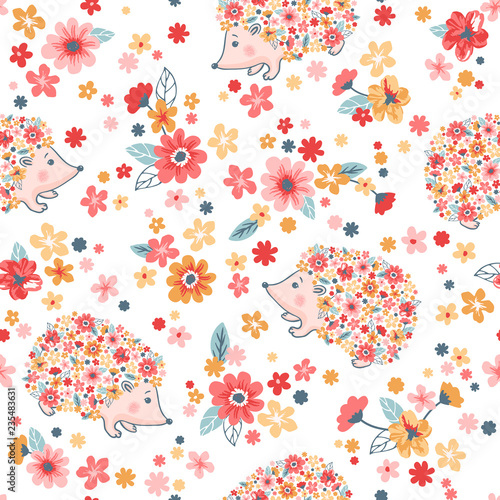 Seamless childish floral pattern with flowers and cute hedgehogs