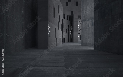 Abstract background in the form of high-rise buildings made of dark concrete.. Night view of the illuminated. 3D illustration and rendering