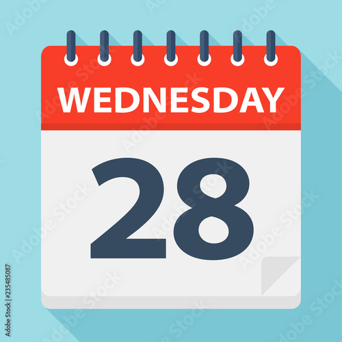 Wednesday 28 - Calendar Icon. Vector illustration of week day paper leaf.