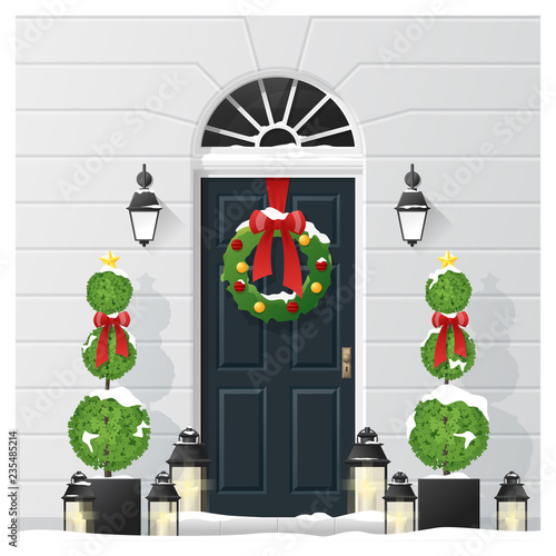 Merry Christmas and Happy New Year background with decorated Christmas front door , vector , illustration