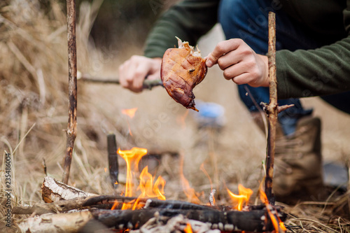 meat on the stick grilled in the fire. bushcraft concept