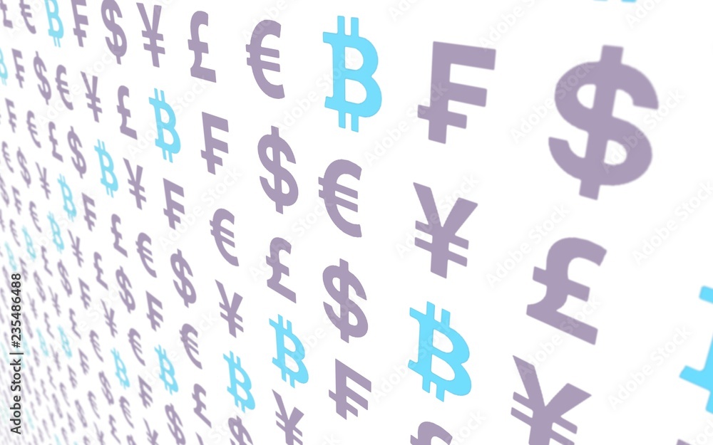Bitcoin and currency on a white background. Digital Cryptocurrency symbol. Business concept. Market Display. 3D illustration Bitcoin and currency on a white background. Digital Cryptocurrency symbol. Business concept. Market Display. 3D illustration
