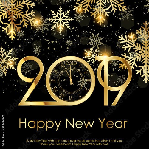 Merry Christmas and Happy New Year Greeting Card With Gold Snowflakes. 2019 .Vector