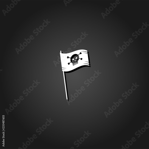 Pirate flag icon flat. Simple White pictogram on black background with shadow. Vector illustration symbol