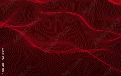 Abstract landscape on a red background. Cyberspace grid. Hi-tech network. 3D illustration