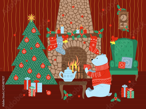 A polar bear in a sweater sits by the Christmas fireplace and drinks tea. Christmas interior. Vector illustration in flat style.