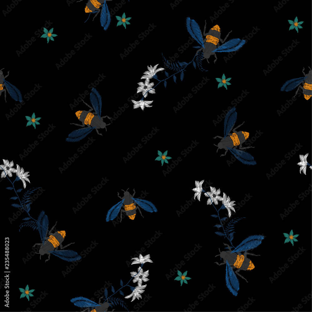 Embroidery honey bee, and funny bee with flowers. Fashion patch with insects illustration.