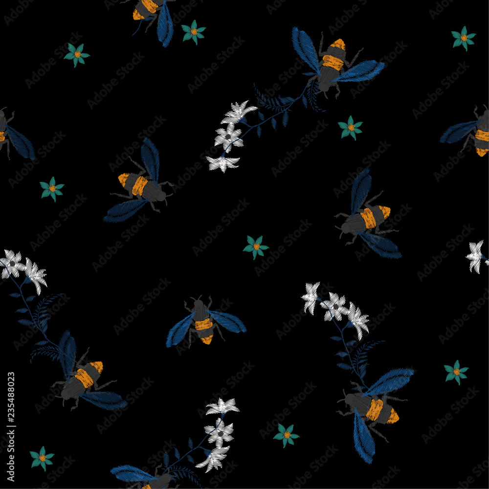 Embroidery honey bee, and funny bee with flowers. Fashion patch with insects illustration. Embroidery honey bee, and funny bee with flowers. Fashion patch with insects illustration.