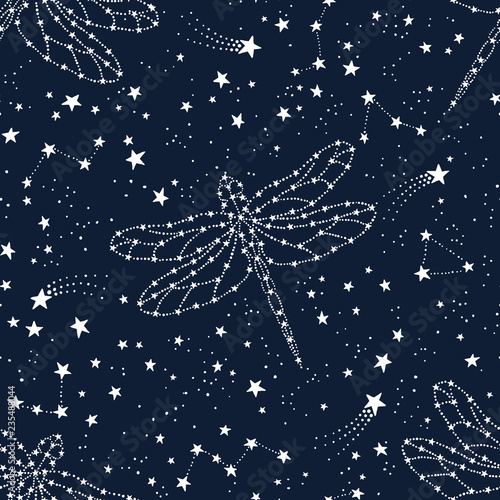 Seamless pattern with dragonfly, constellations and stars