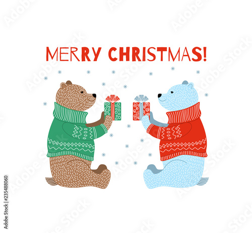 Bears with gift boxes for christmas. Polar and brown bear in sweaters. Vector illustration in flat style.