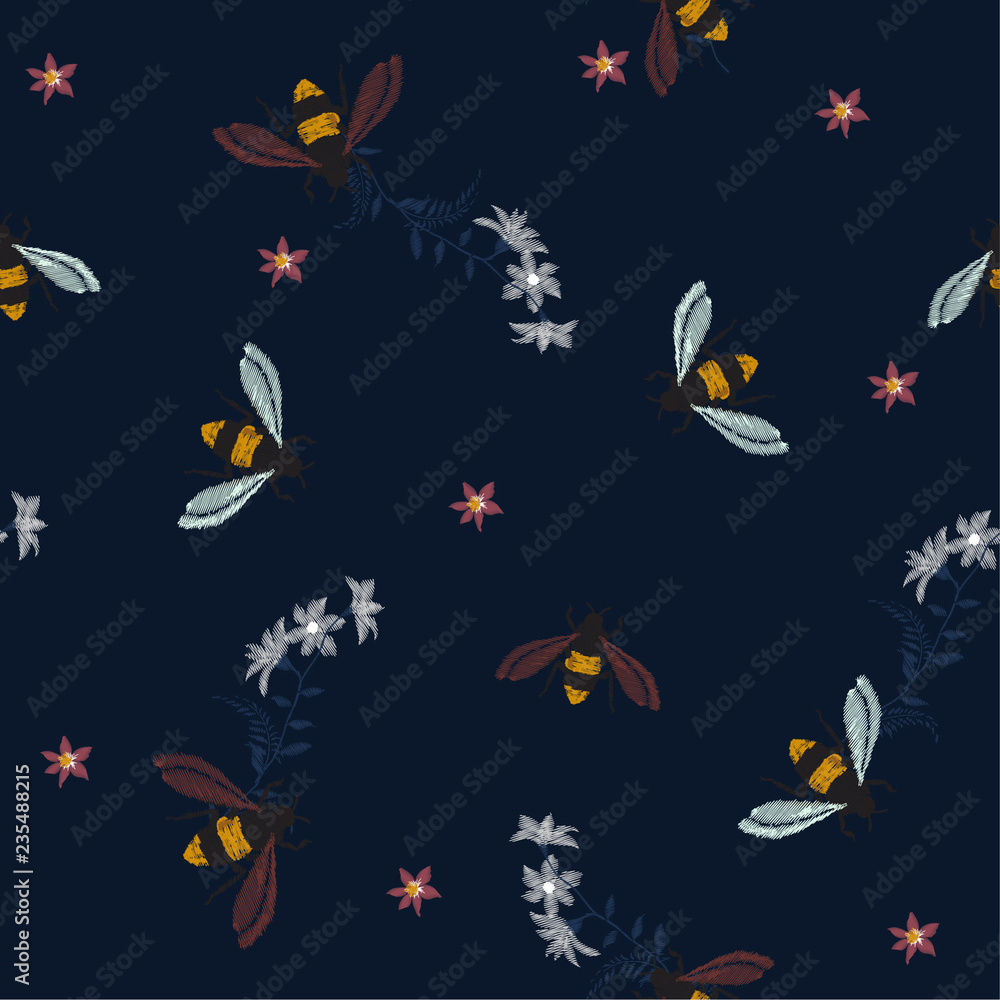 Embroidery honey bee, and funny bee with flowers on dark tone. Fashion patch with insects illustration Embroidery honey bee, and funny bee with flowers on dark tone. Fashion patch with insects illustration