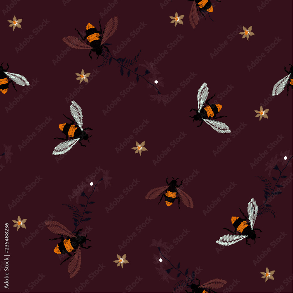 Embroidery dark tone honey bee,with flowers Fashion patch with insects illustration. Seamless pattern backdrop. Embroidery dark tone honey bee,with flowers Fashion patch with insects illustration. Seamless pattern backdrop.
