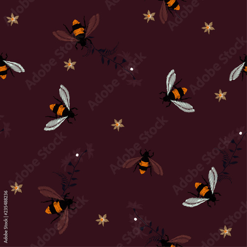 Embroidery dark tone honey bee,with flowers Fashion patch with insects illustration. Seamless pattern backdrop.