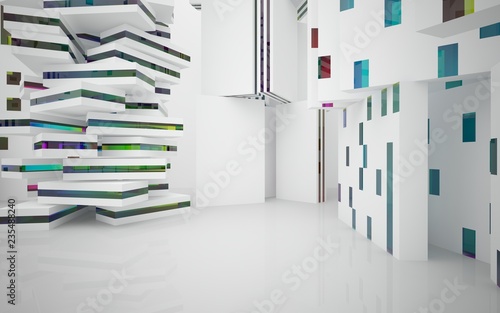 White Abstract architectural background whith colored gradient lines . 3D illustration and rendering