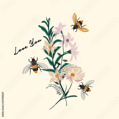 Bumble Bee and flower embroidery vector design, vintage fashion
