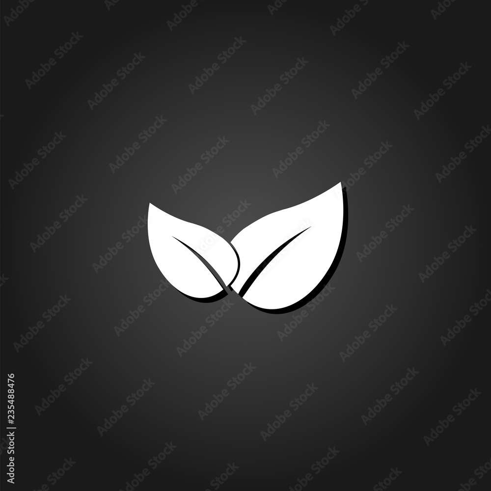 Leaves icon flat. Simple White pictogram on black background with shadow. Vector illustration symbol