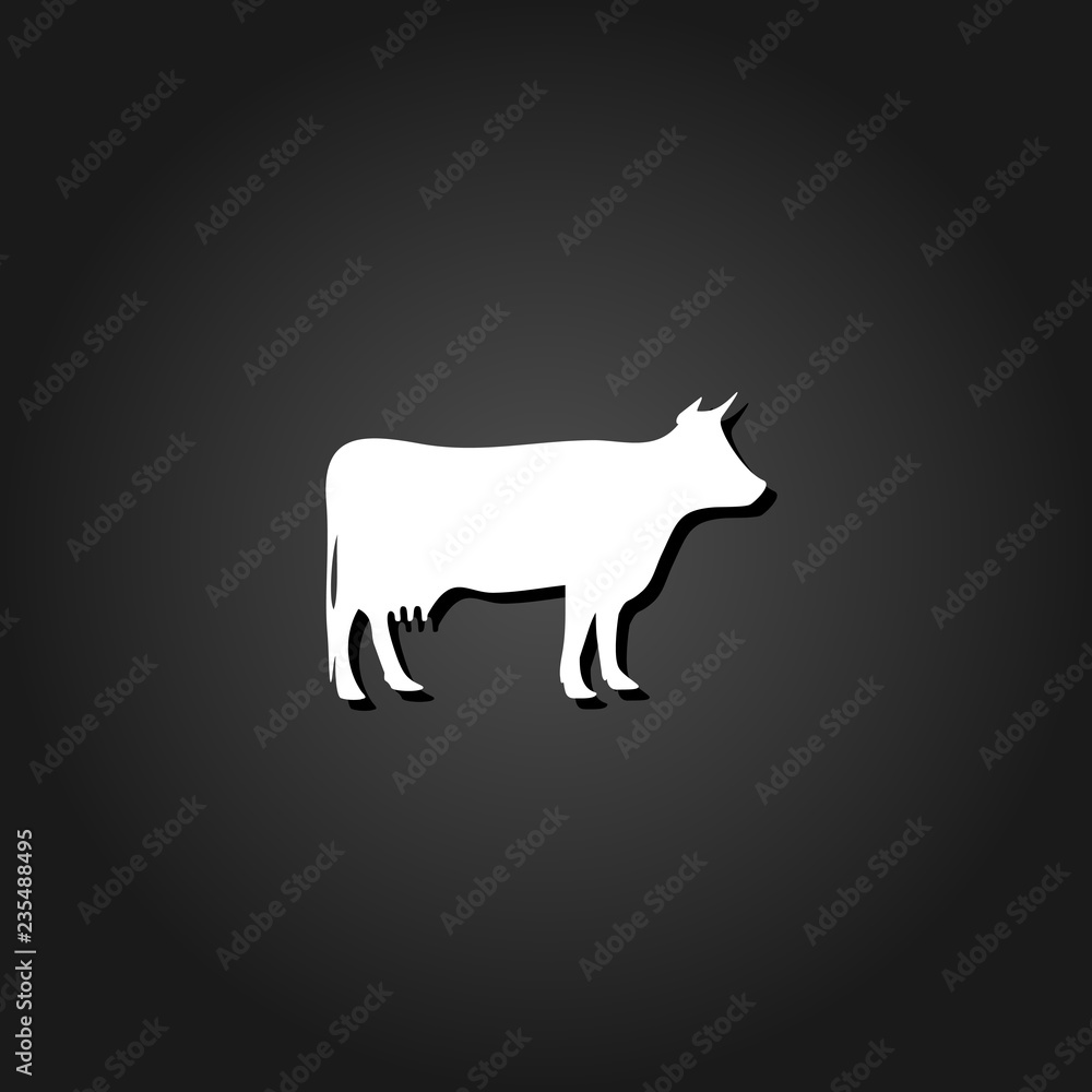 Cow icon flat. Simple White pictogram on black background with shadow. Vector illustration symbol Cow icon flat. Simple White pictogram on black background with shadow. Vector illustration symbol