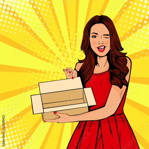 Young sexy surprised woman holding empty box. Vector illustration in retro comic pop art style. Gift certificate template.