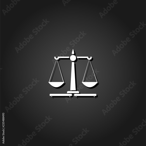 Justice Scales icon flat. Simple White pictogram on black background with shadow. Vector illustration symbol