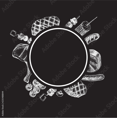Background with Ink hand drawn meat products and grilled dishes. Food elements collection. Vector illustration.