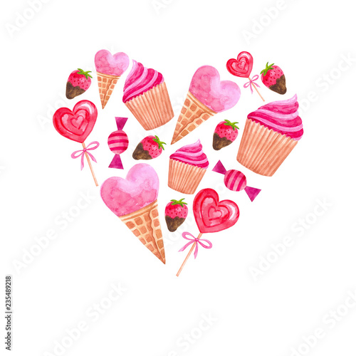 watercolor heart of candies  ice cream  cupcakes for Valentine s day