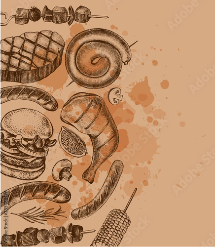 Background with Ink hand drawn meat products and grilled dishes. Food elements collection. Vector illustration.