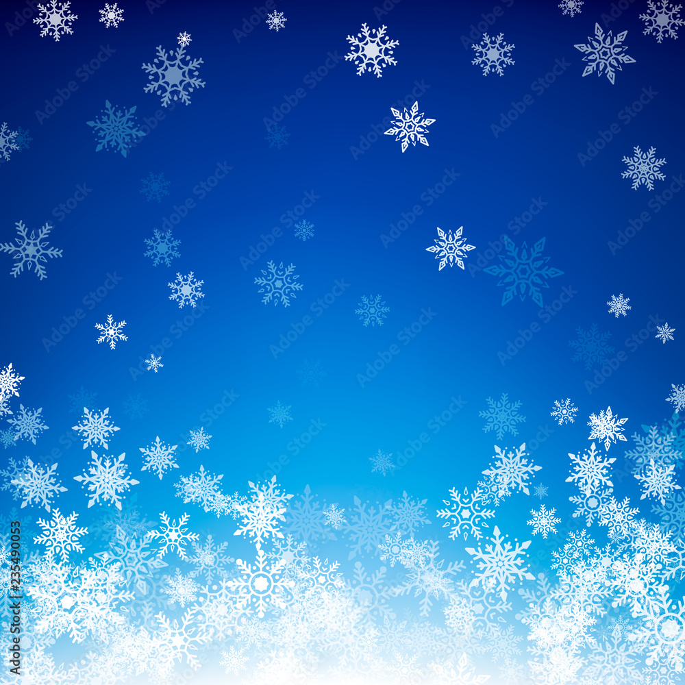 Blue Christmas snowflakes background. Falling white snowflakes on blue background. Vector illustration