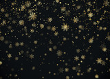 Golden snowfall. Christmas background. New Year and Christmas pattern with golden snowflakes on black background. Vector illustration