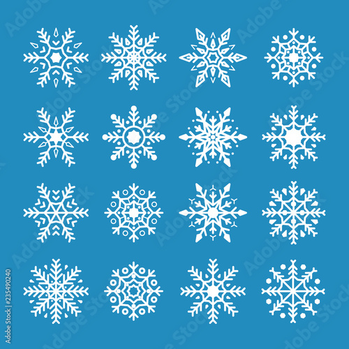 White snowflakes isolated on blue background. Snowflake symbol of Christmas and New Year. Abstract snowflake pattern. Holiday ornament element. Vector illustration