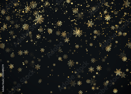 Golden snowfall. Christmas background. New Year and Christmas pattern with golden snowflakes on black background. Vector illustration