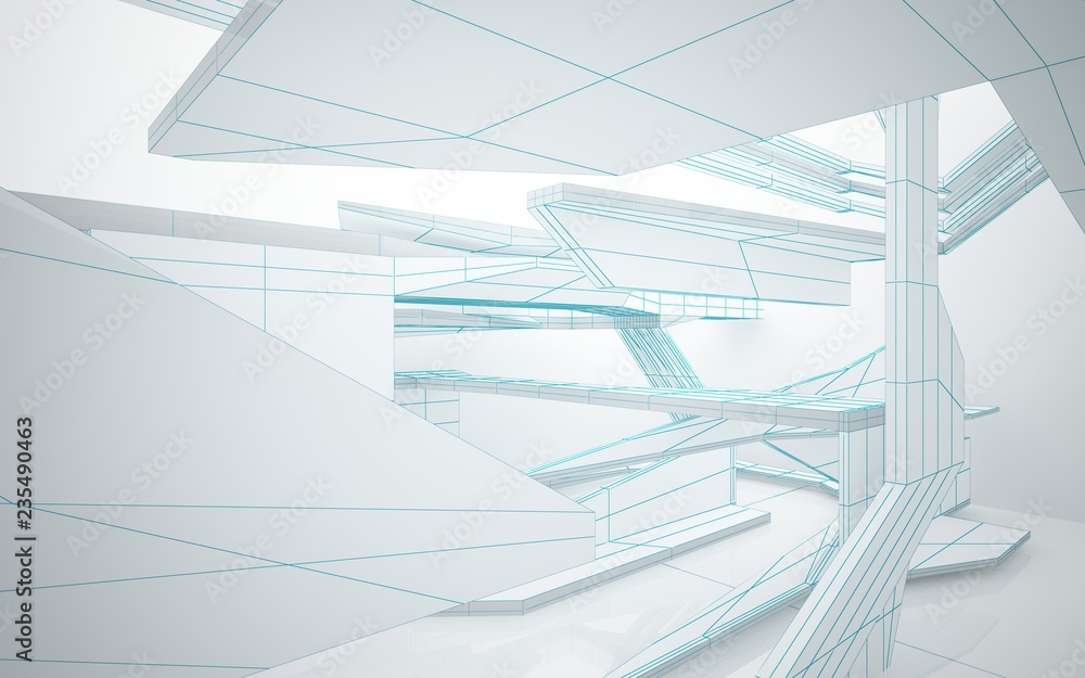 Obraz premium Abstract white interior highlights future. Polygon colored drawing. Architectural background. 3D illustration and rendering