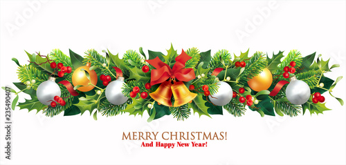 Christmas border with holly, fir branches, balls isolated on white. Vector illustration. 