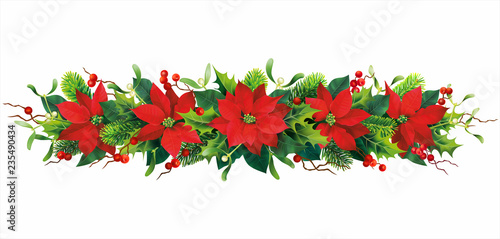 Christmas border with red poinsettia and holly branches isolated on white. Vector illustration.  photo