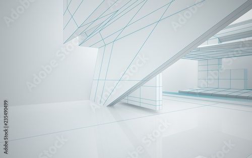 Abstract white interior highlights future. Polygon colored drawing. Architectural background. 3D illustration and rendering