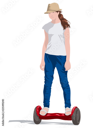 Girl Riding on Electric Scooter. Vector illustration. Woman on Scooter Isolated on White.