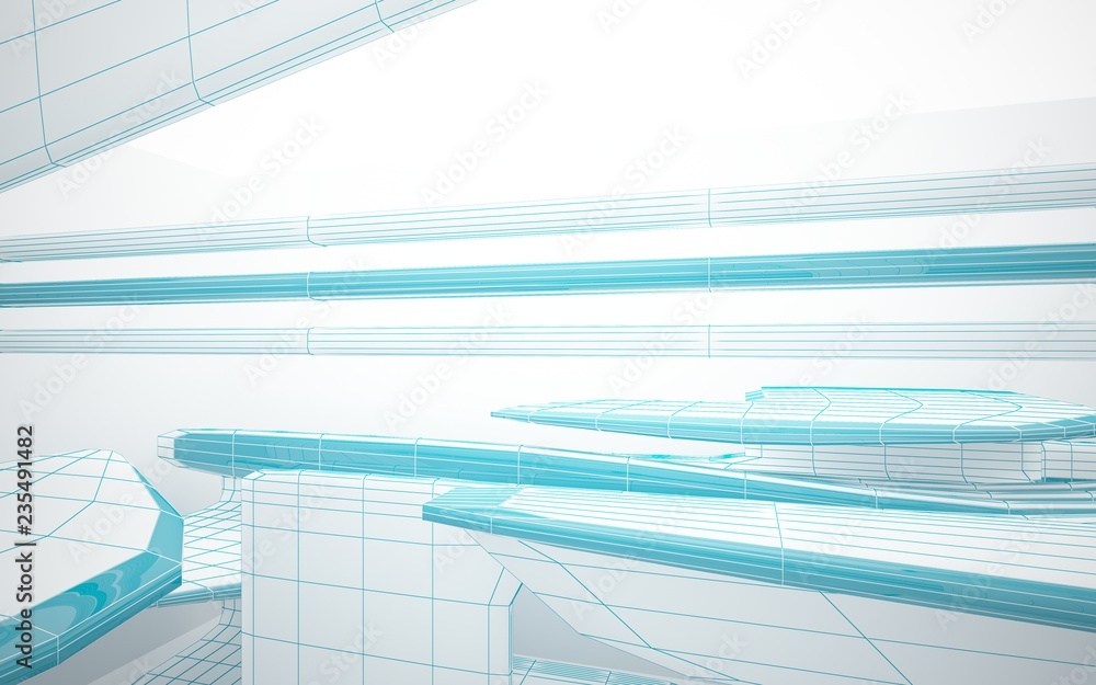 Fototapeta premium Abstract white interior highlights future with glossy lines. Polygon colored drawing. Architectural background. 3D illustration and rendering