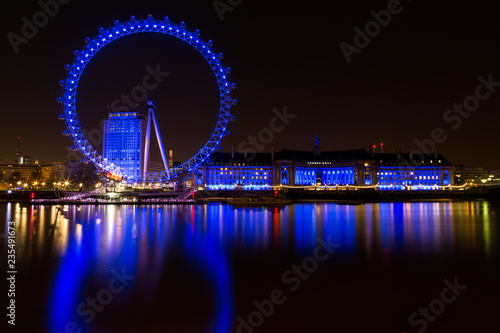 The London Eye (blue) at night