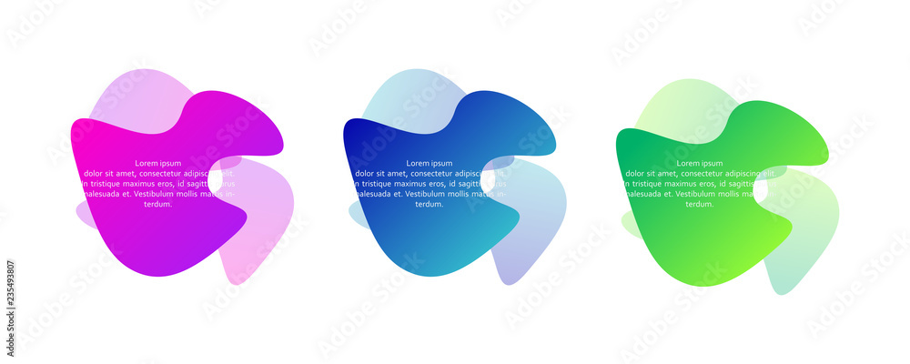 Set of abstract wavy liquid shapes. Fluid gradient design concept. Can be used for logo, business report, social post. Vector illustration. Set of abstract wavy liquid shapes. Fluid gradient design concept. Can be used for logo, business report, social post. Vector illustration.