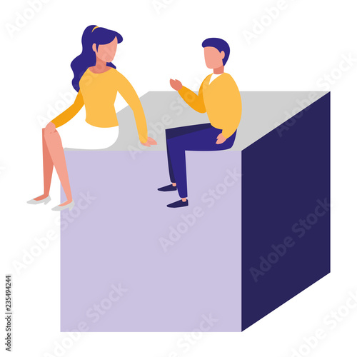 young couple workers sitting in cube