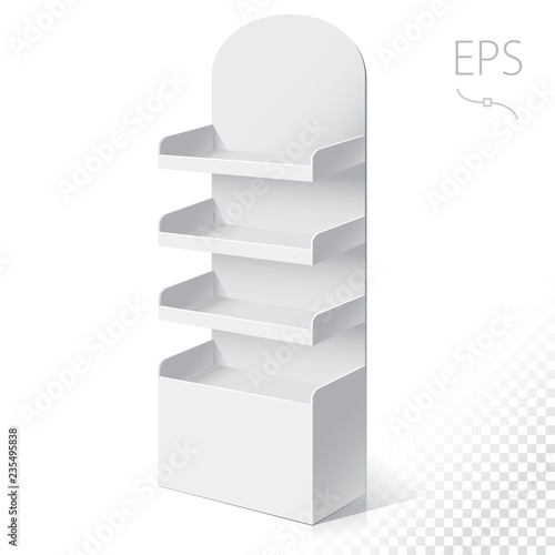 White Round POS POI Cardboard Floor Display Rack For Supermarket Blank Empty Displays With Shelves Products On White Background Isolated. Ready For Your Design. Product Packing