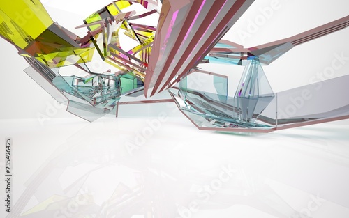 abstract architectural interior with gradient geometric glass sculpture with brown lines. 3D illustration and rendering